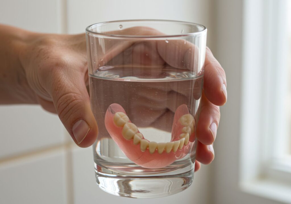 Hand holding glass of clear fluid with lower arch of dentures
